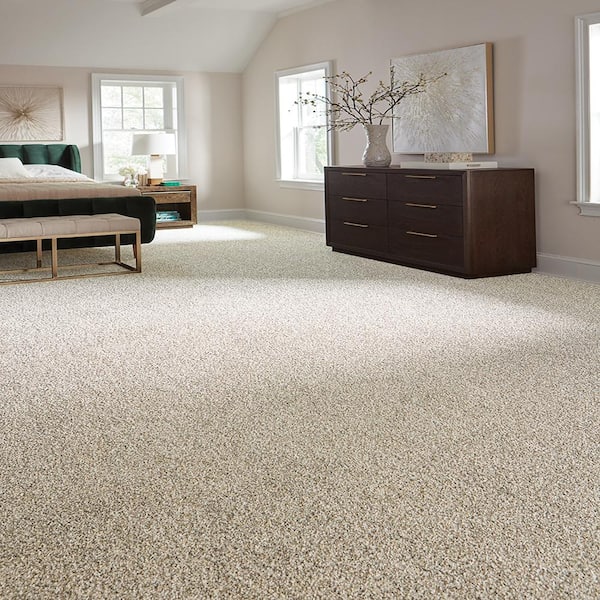 Radiant Retreat II Coastal Cream Beige 58 oz. Polyester Textured Installed Carpet