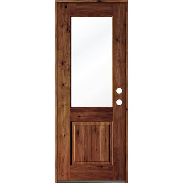 Krosswood Doors 32 in. x 96 in. Rustic Knotty Alder Wood Clear Half-Lite Red Chestnut Stain/VG Left Hand Single Prehung Front Door