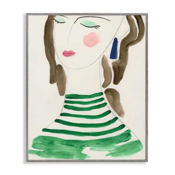 Stupell Industries Woman in Green Stripes by June Erica Vess Gray Framed People Giclee Art Print 14 in. x 11 in.