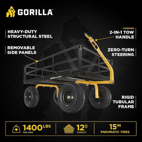 1,400 lbs. Heavy Duty Steel Utility Garden Cart, 12 cu. ft. Capacity, 15 in. Pneumatic Tires, 2-in-1 Pull or Tow Handle