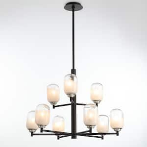 Seren 9-Light Matte Black Chandelier With Handmade Glass Shades - Modern Round Pendant Chandelier - 29in W