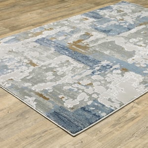 Emory Gray/Blue 2 ft. x 8 ft. Modern Marble Abstract Polypropylene Polyester Blend Indoor Runner Area Rug