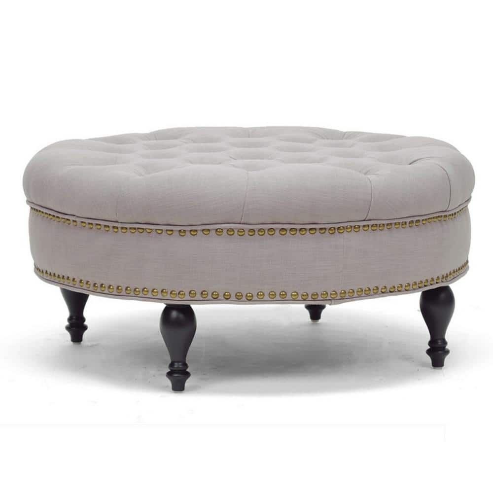 Gray Linen Tufted Round Ottoman with Brass Nailhead Trim