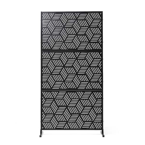 Glitzhome 71.5 in. H Black Galvanized Steel Garden Fence Geometric Pattern Privacy Screen Panel Room Divider with Riser Feet