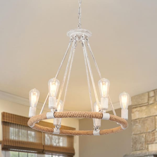 ZJVAIVE 6-Light Farmhouse Grey Candle Style Circle Wagon Wheel Chandelier Lighting for Dining Room with No Bulbs Included