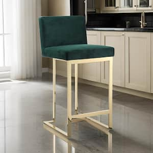 26 in. Green and Gold Low Back Metal Frame Bar Stool with Velvet Seat