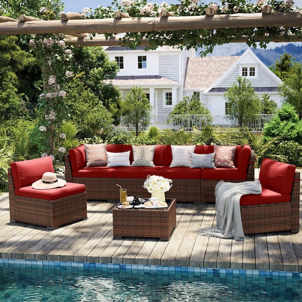 7-Piece Wicker Patio Conversation Set with Cushions Red