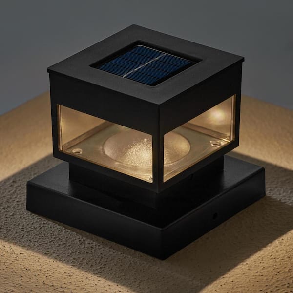 Hampton Bay - 10 Lumen Black LED Outdoor Solar 4x4 Deck Post Cap Light Fits 2.5 in. x 2.5 in./3.5 in. x 3.5 in./4 in. x 4 in. Posts