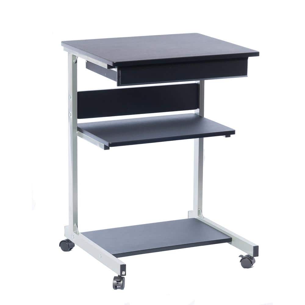 Small Black Rolling Laptop Cart with Drawer and Shelves