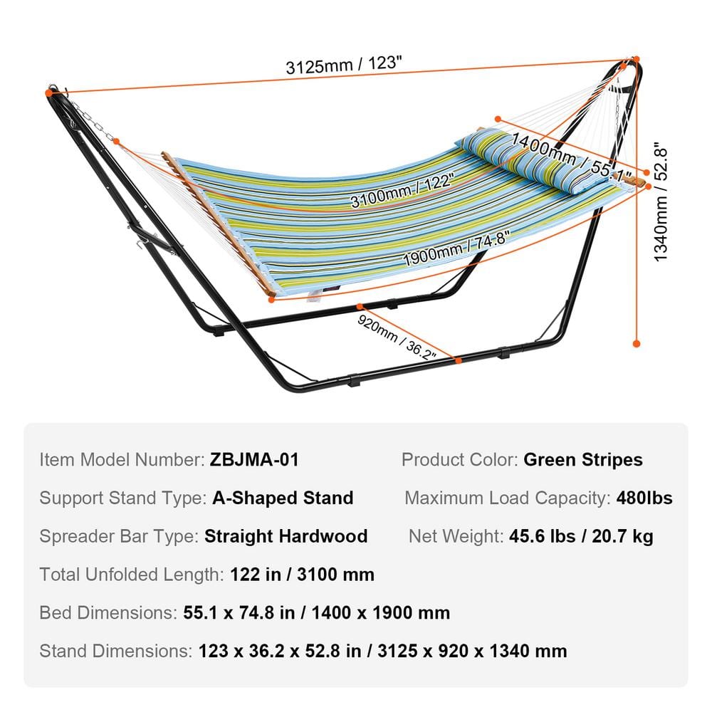 Double Quilted Blue and Green Fabric Hammock with Steel Stand