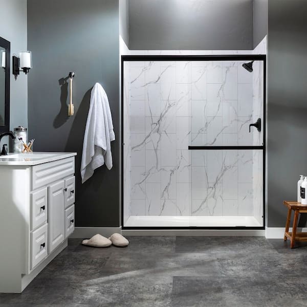 32in x 60in x 78in 4-Piece Glue-Up Alcove Shower Wall, Shelf, Trim Kit in Carrara Marble