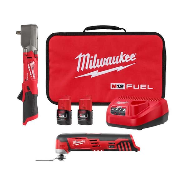 Milwaukee M12 FUEL 12V Lithium-Ion Brushless Cordless 3/8 in. Right Angle Impact Wrench Kit w Two 2.0 Ah Batteries & Multi-Tool
