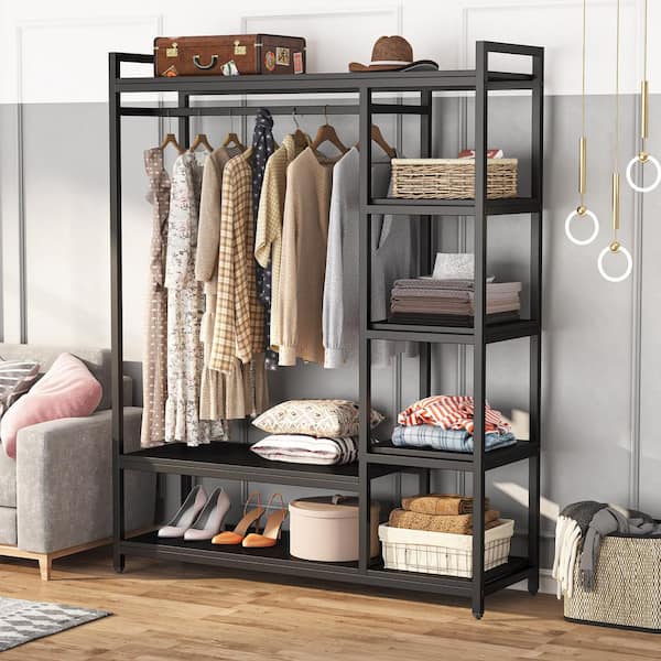 Cynthia Black Garment Rack with Storage Shelves and Hang Rod
