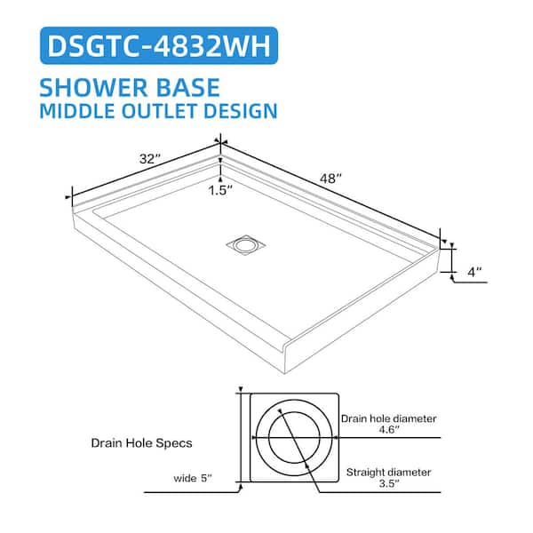 48 in. L x 32 in. W Alcove Shower Pan Base with Center Drain in White