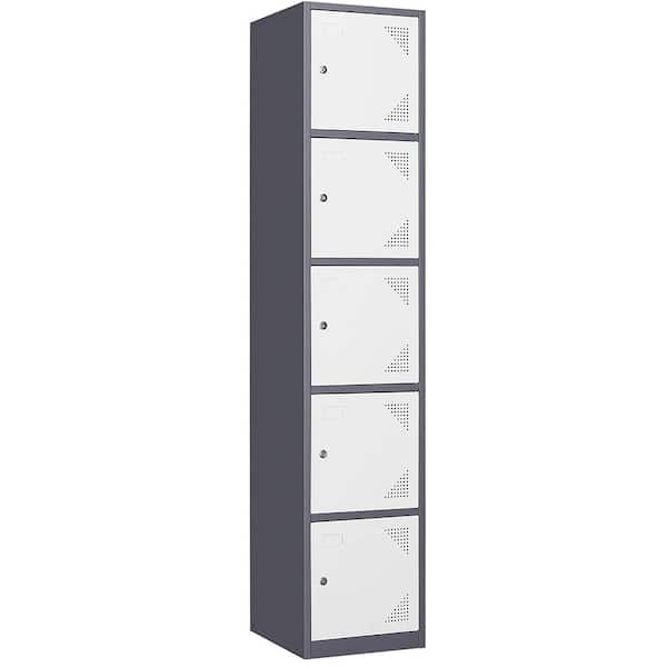 LISSIMO 5-Tier Metal Locker for Home, Dressing Room, 71 in. Steel Storage Lockers with 5 Door for Employees (Grey and White)