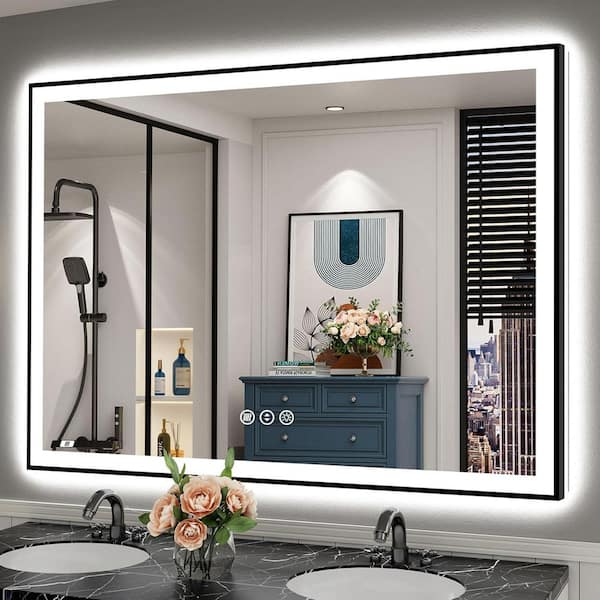 55 in. W x 40 in. H Rectangular Framed Front and Back LED Lighted Anti-Fog Wall Bathroom Vanity Mirror in Tempered Glass