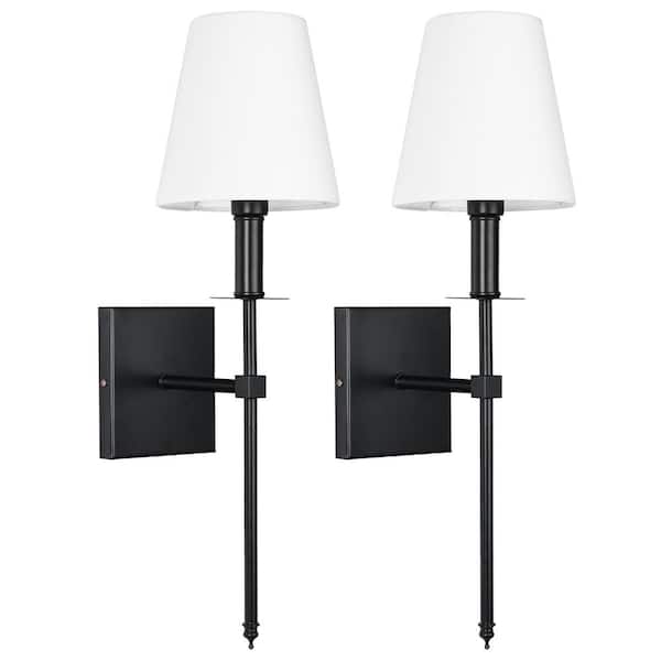 LamQee 1-Light Matte Black Wall Sconce with White Fabric Shade(2-Pack)