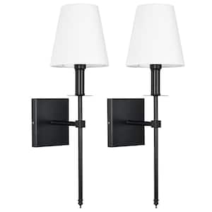 1-Light Matte Black Wall Sconce with White Fabric Shade(2-Pack)