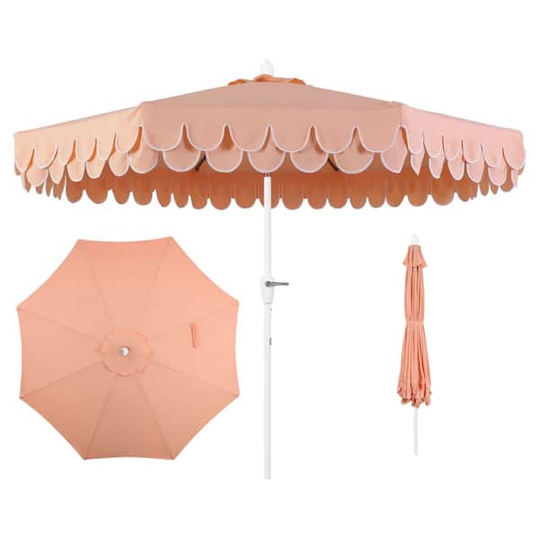 Tracy 9 ft. Scalloped Fringe Market Patio Umbrella with Auto-Tilt Crank, Wind Vent and UV Protection in Coral Pink/White