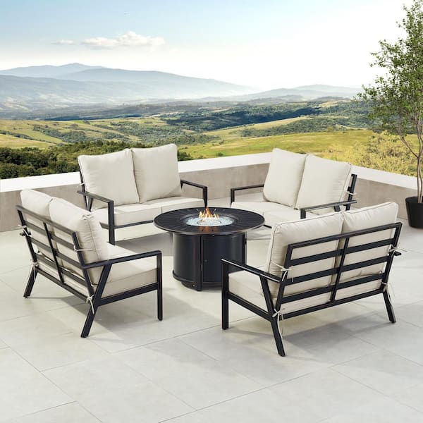 Oakland Living Black 5-Piece Aluminum Patio Fire Table Set with Light Grey Cushions