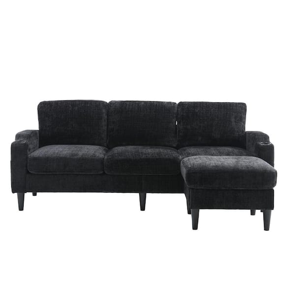 HOMEFUN 77 in. 4-piece L Shaped Chenille Modern Sectional Sofa in. Black with Removable Storage Ottoman and Cup Holder
