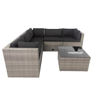 Gray 6-Piece Wicker Outdoor Sectional Set Sofa with Black Cushions and 3 Storage
