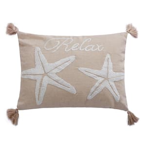 San Sebastian Natural and White "Relax" Starfish Embroidered 14 in. x 18 in. Throw Pillow