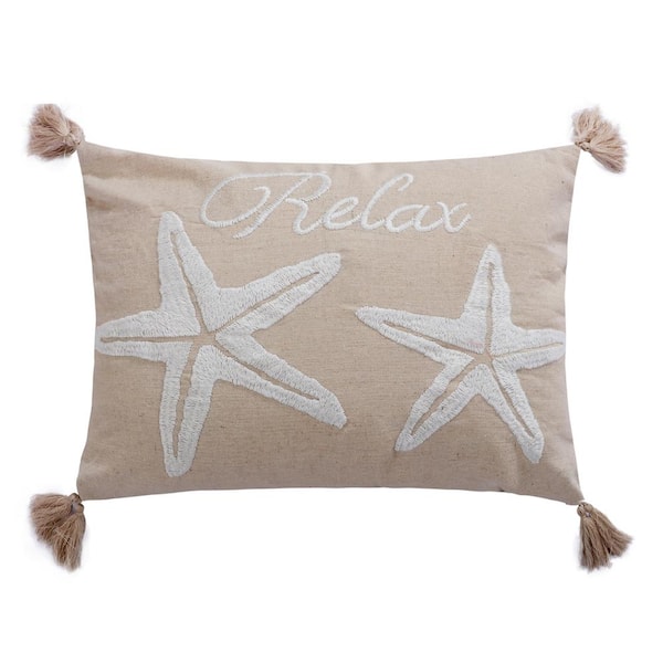 LEVTEX HOME San Sebastian Natural and White "Relax" Starfish Embroidered 14 in. x 18 in. Throw Pillow