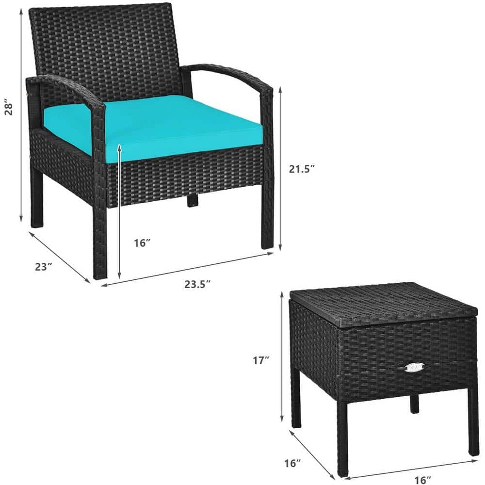 Turquoise 3-Piece Outdoor Wicker Rattan Patio Set