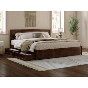 Lylah Walnut Brown Solid Wood Frame King Platform Bed with Panel Footboard and Storage Drawers