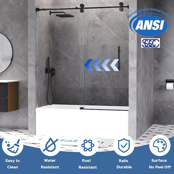 56 to 60 in. W x 66 in. H Single Sliding Frameless Tub Door in Matte Black with 5/16 in. Tempered Clear Glass