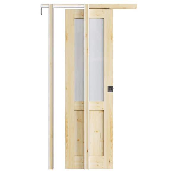 ARK DESIGN 24 in. x 80 in. Half Lite Frosted Glass Unfinished Pine Wood Pocket Door with Hardware (Soft Close and Black Lock Incl)