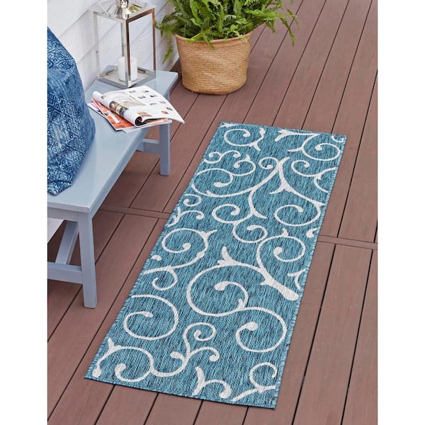 Outdoor Curl Teal Blue 2 ft. x 6 ft. Runner Rug