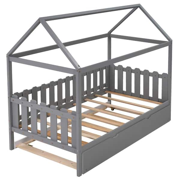 ANBAZAR Gray Twin Size Kids House Bed Platform Bed with Roof and Safety Rail,  Wood Kids Canopy Bed Frame with Fence 01909ANNA-E - The Home Depot