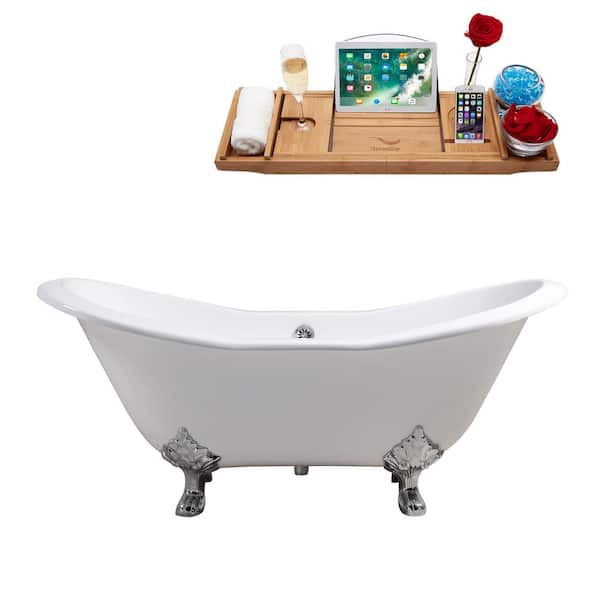 Streamline 61 in. Cast Iron Clawfoot Non-Whirlpool Bathtub in Glossy White with Polished Chrome Drain and Polished Chrome Clawfeet