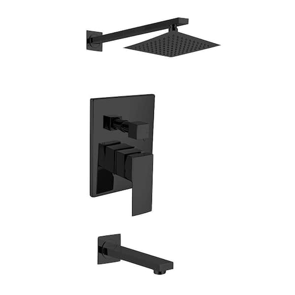 HOMLUX 2-Handle 1-Spray Square Tub and Shower Faucet with 8 in. Wall Mounted Shower Head in Matte Black (Valve Included)