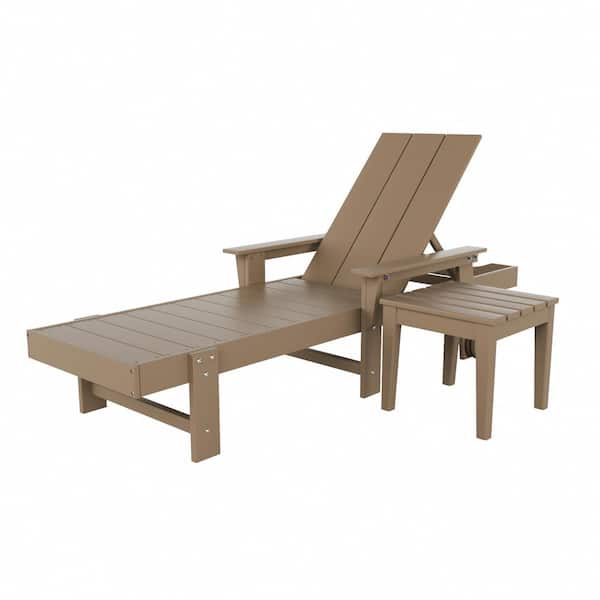 WESTIN OUTDOOR Shoreside 2Piece Modern Poly Plastic Adjustable Reclining Outdoor Patio Chaise Lounger and Table Set, Weathered Wood