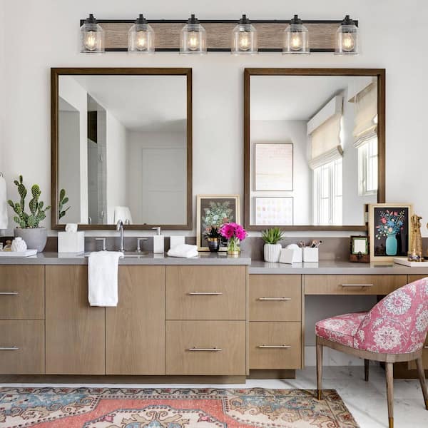 Farmhouse 49 in. 6-Light Black and Brown Wood Grain Metal Bathroom Vanity Light with Clear Seeded Glass Shades