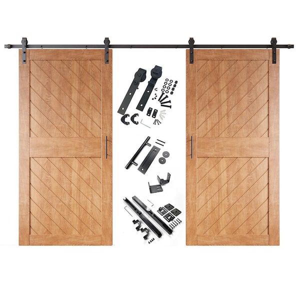 HOMACER XT2 32 in. x 84 in. C-Panel Early American Slanted Stripe Design Double Pine Wood Sliding Barn Door with Hardware Kit