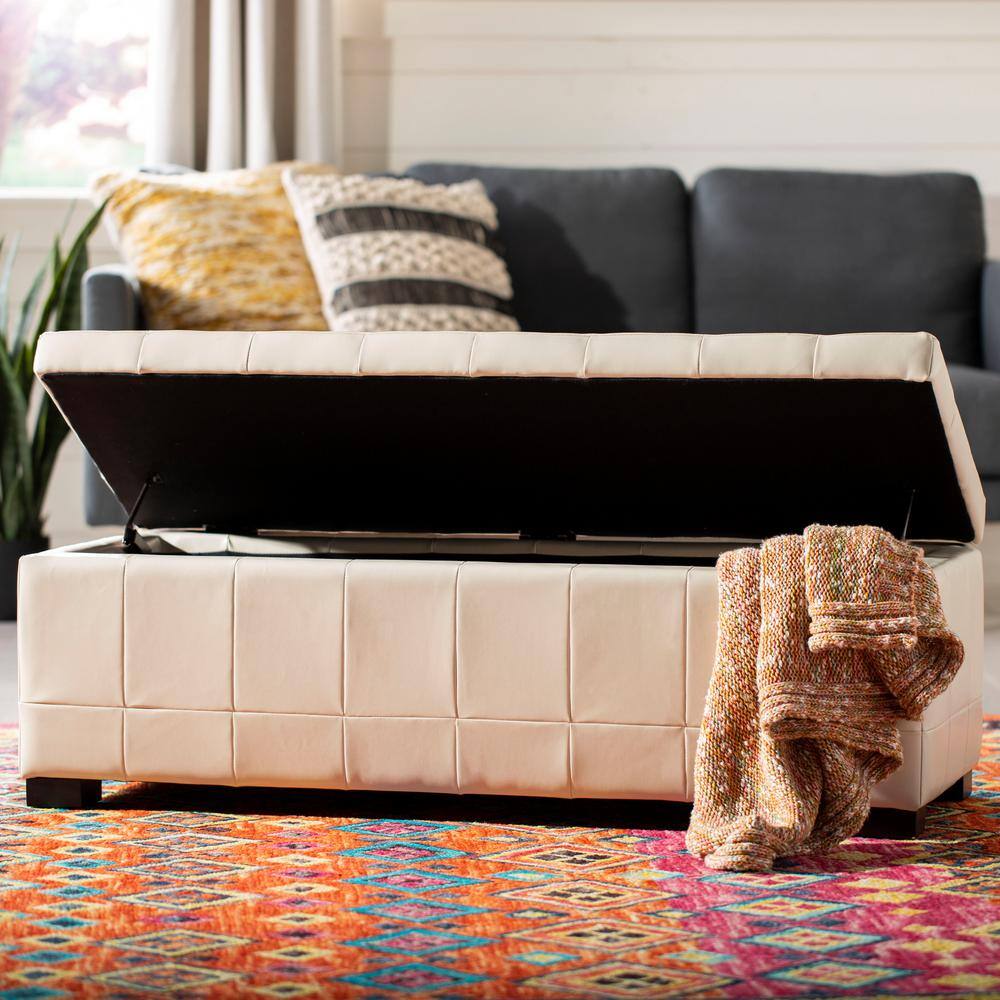 Large Off-White Quilted Leather Storage Bench with Beech Wood Legs