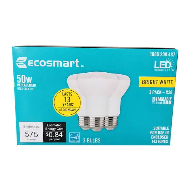 EcoSmart 50-Watt Equivalent R20 Dimmable ENERGY STAR LED Light Bulb Bright  White (3-Pack) R20-1D 7W E26 120V 3000K - The Home Depot