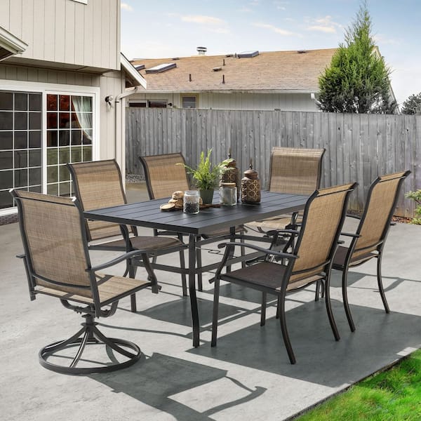 Brown 7-Piece Steel Sling Outdoor Patio Dining Set with Rectangular Table and Swivel Dining Chairs
