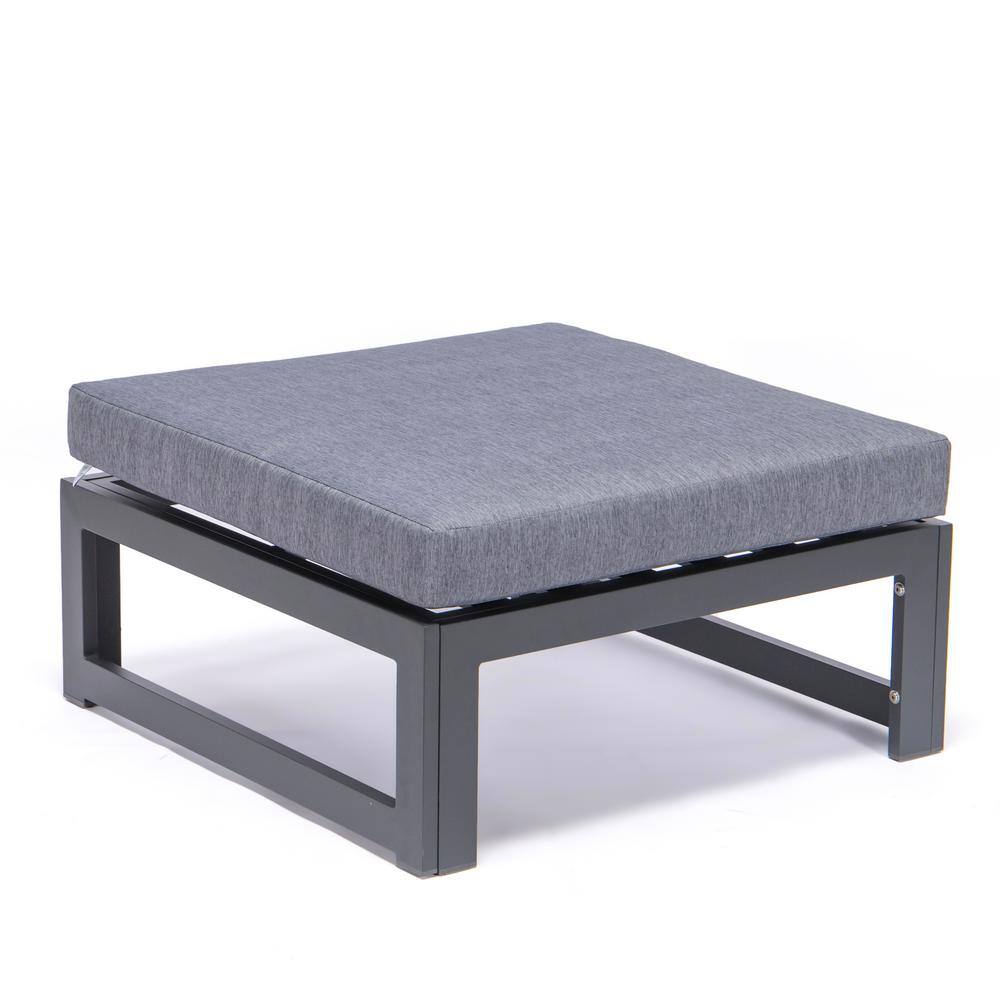 Chelsea Modern Black Aluminum Outdoor Ottomans with Blue Cushions, Set of 2