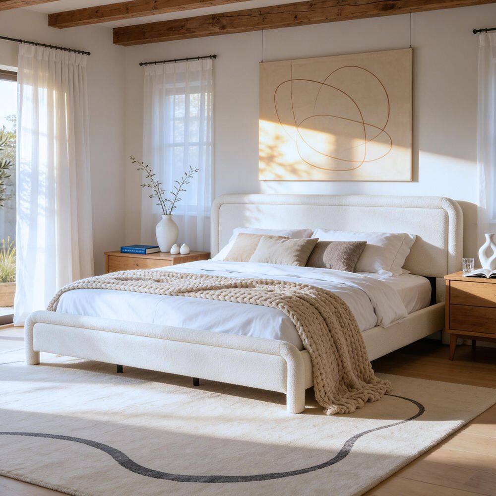 Riley White Wood Frame King Size Platform Bed with Boucle Fabric Upholstered Curved Headboard, Wooden Slats Support price history on PriceWatchPro