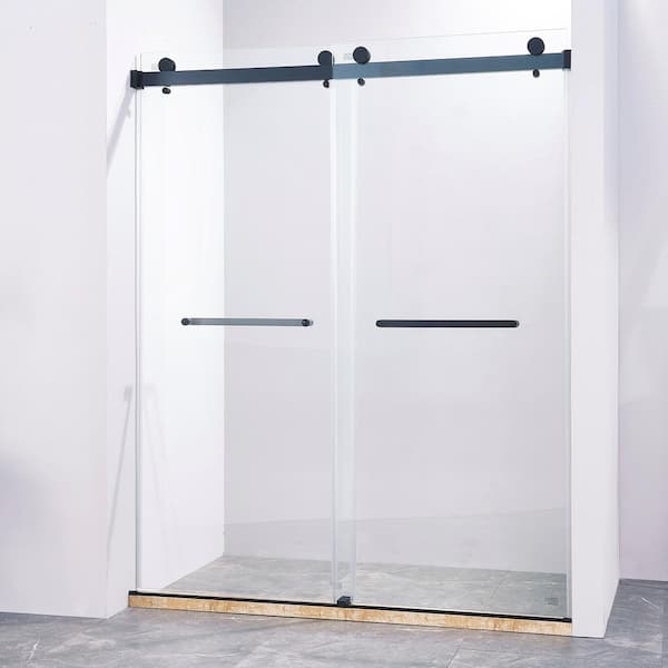 60 in. W x 75 in. H Double Sliding Frameless Shower Door in Matte Black Finish with Clear Glass