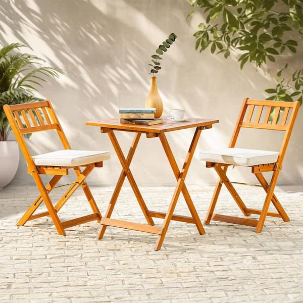 Unbranded 3 Piece Wood Patio Bistro Set Outdoor, Folding Chairs w/White Cushion, Square Table