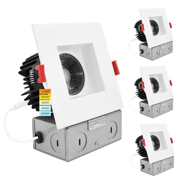 4" Square LED Recessed Light J-Box 15W 5 Color Selectable 1100 Lumens Dimmable Wet Rated Smooth Trim 4 Pack