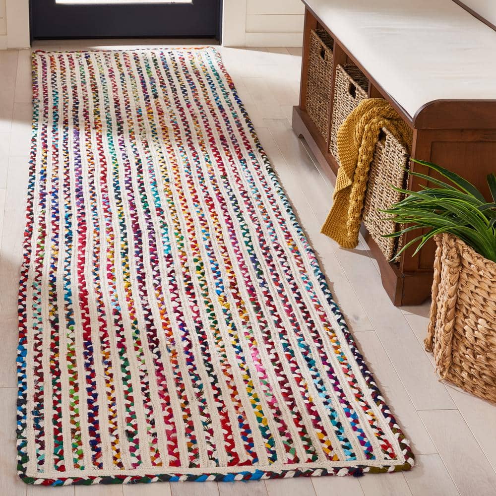 Handmade Ivory and Multicolor Cotton Braided Runner Rug