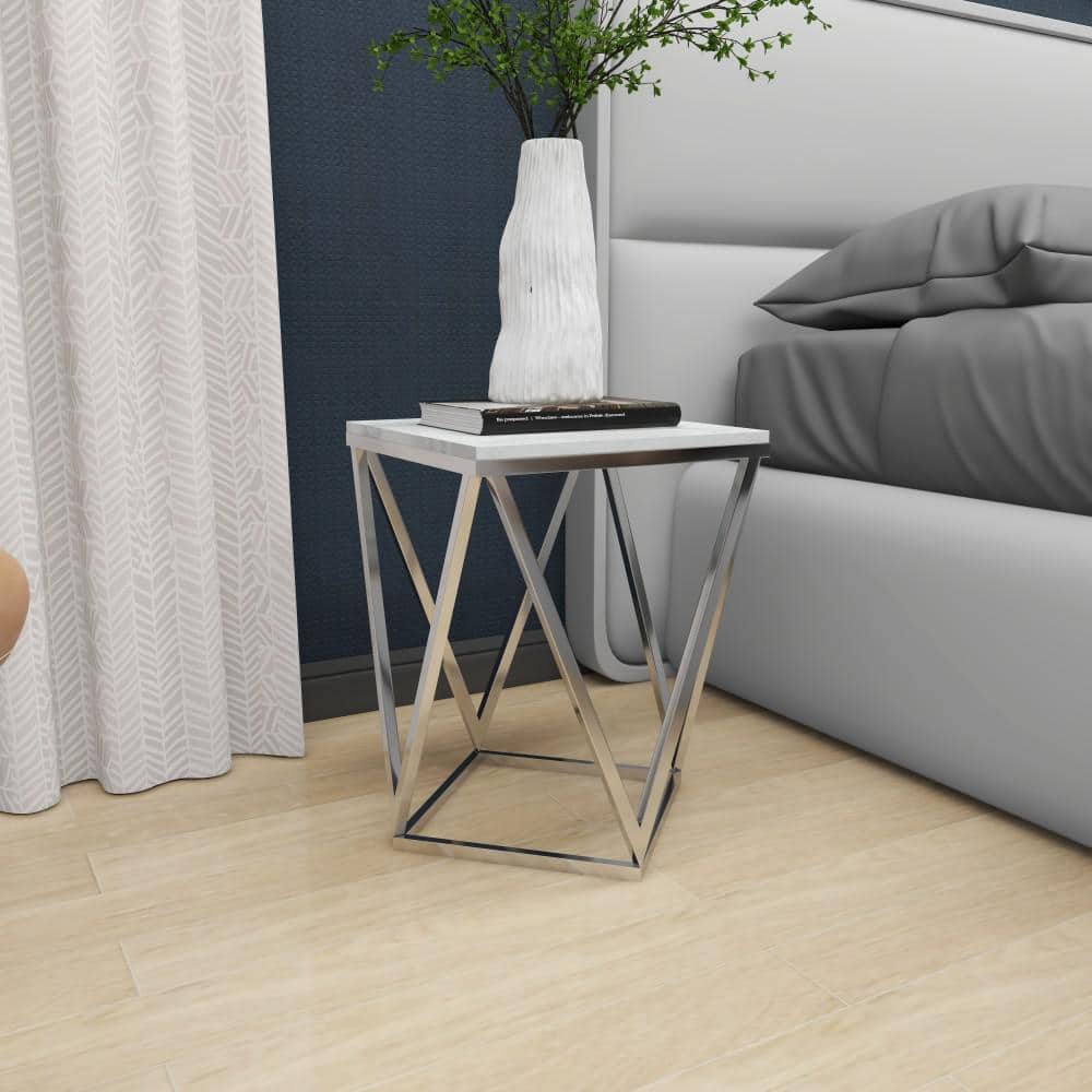 Elegant Silver Stainless Steel & Marble Square Accent Table - 18" x 21"