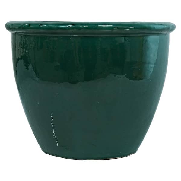14.5 in. Chalet High-Fired Glazed Ceramic Planter-Dark Green
